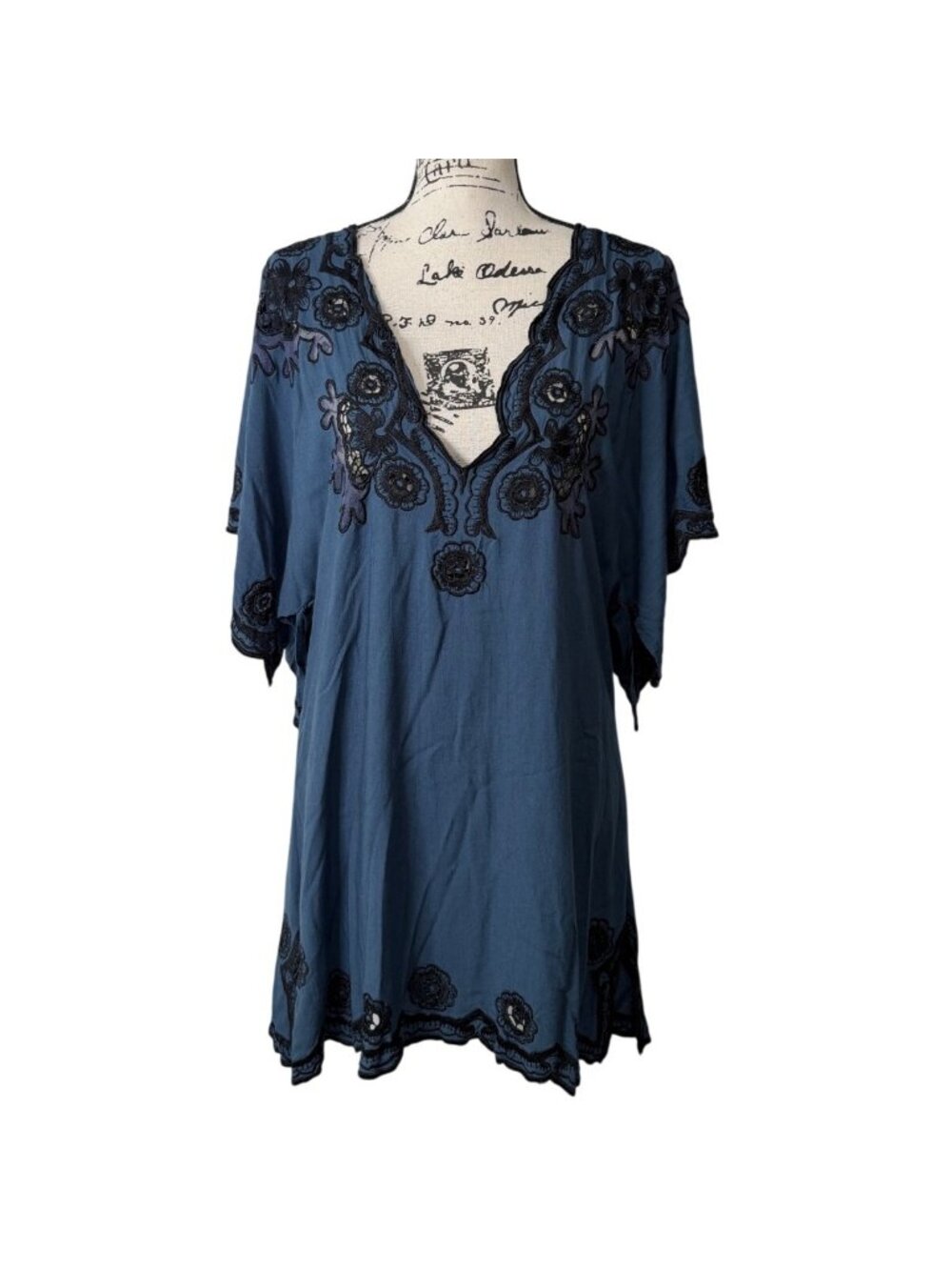 Cleobella Womens Size S Embroidered Floral Tunic Scalloped-Hem Blue Mini Dress